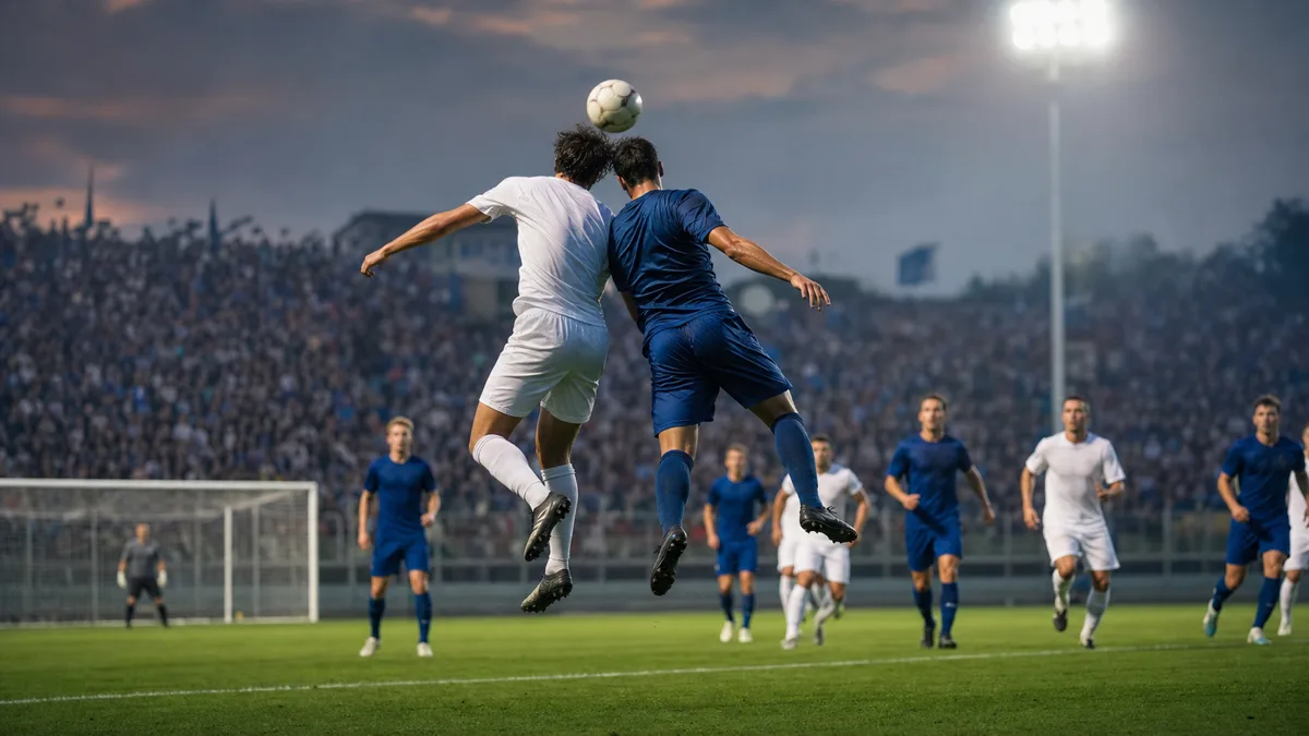 To fotballspillere som stiger til hodeduell i en italiensk toppkamp i skumringen
